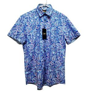 Mens Blue Paisley Short-Sleeve Button-Up Dress Shirt By Premiere Size M